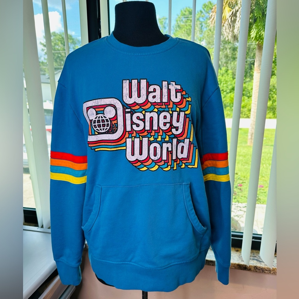 Walt Disney World Parks Retro Blue Crewneck Sweater Red Yellow Stripes SZ Med
